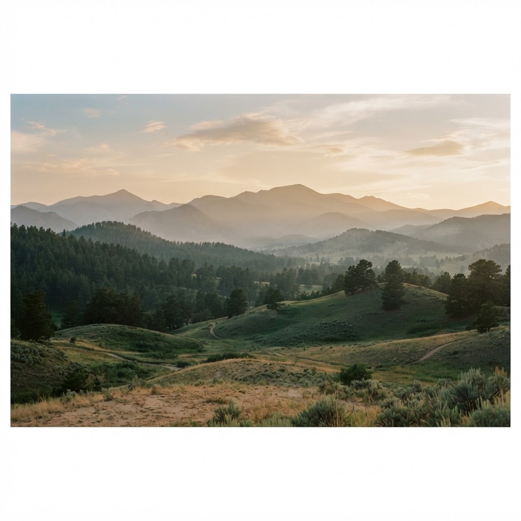 Soft golden-hour view of Colorado foothills and pine forest