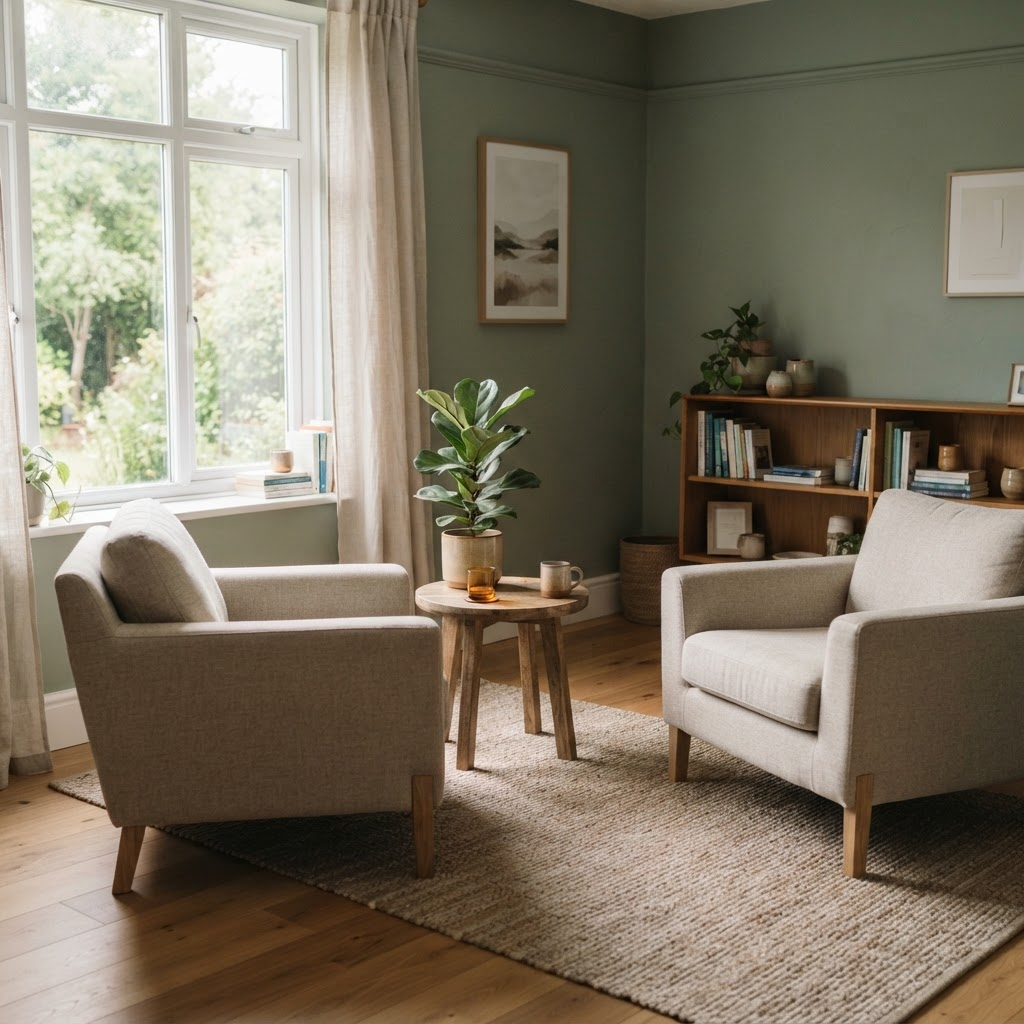 A warm, quiet therapy consultation room with soft natural light